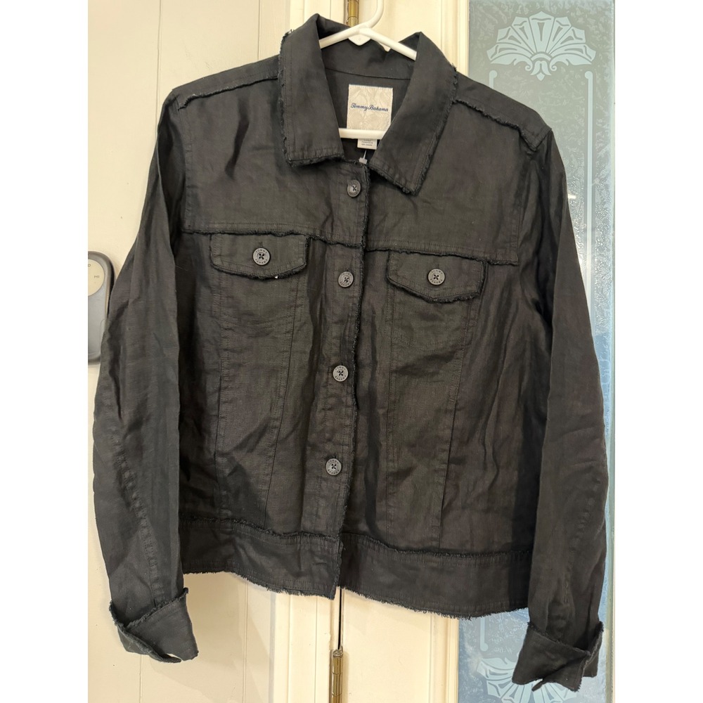 Tommy Bahama Black 100% Linen Frayed Edge Trucker Jacket Womens Large